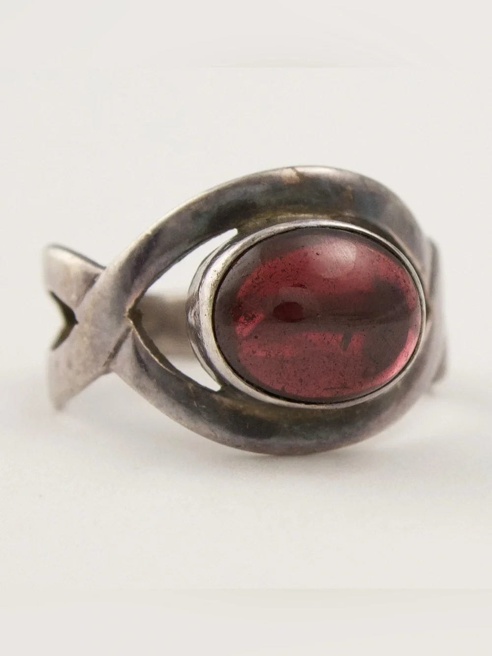 Vintage Garnet Cabochon Sterling Silver Ring Size 6.5 Artisan Handcrafted